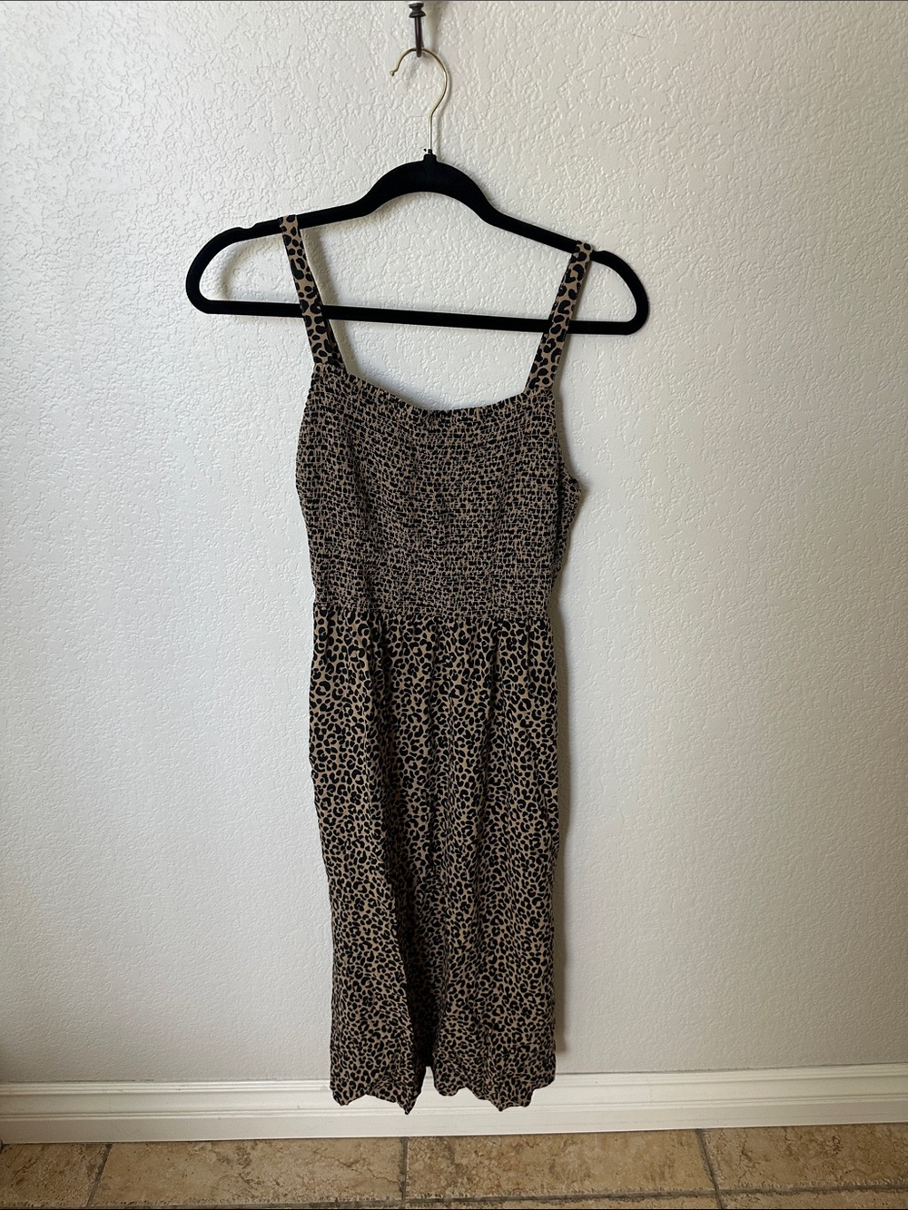 Leopard Print Smocked Midi Dress - Taupe/Black